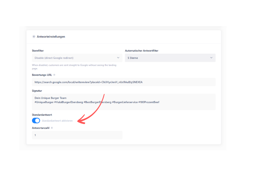 ReplyMaster AI analysiert automatisch den Tonfall und Inhalt jeder Bewertung und erstellt in Sekundenschnelle eine passende, individuelle Antwort. Die Formulierungen richten sich nach deinem definierten Sprachstil – professionell, locker oder persönlich.