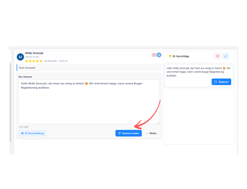 ReplyMaster AI analysiert automatisch den Tonfall und Inhalt jeder Bewertung und erstellt in Sekundenschnelle eine passende, individuelle Antwort